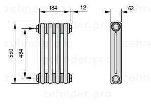 Схема (чертеж) Радиатор Zehnder Charleston 2055/4 №1270 Белый глянцевый RAL 9016
